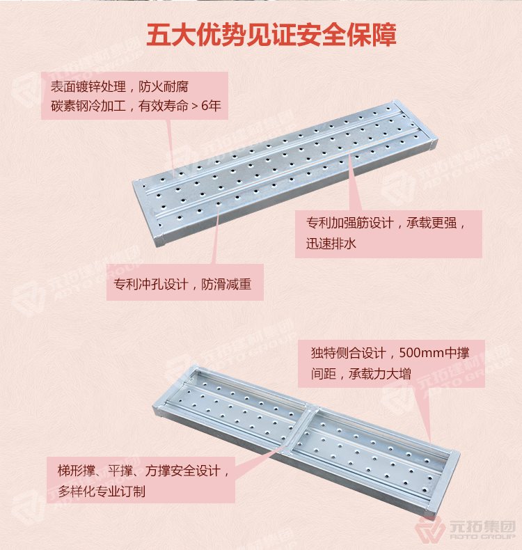 元拓 江蘇廠家直銷防滑耐用鋼跳板 熱鍍鋅鋼踏板 建筑掛鉤沖孔式腳踏板  五大優(yōu)勢(shì)見證安全保障，表面鍍鋅處理，防火耐腐，碳素鋼冷加工，壽命大于6年，加強(qiáng)筋設(shè)計(jì)，專業(yè)沖孔，防滑設(shè)計(jì)，