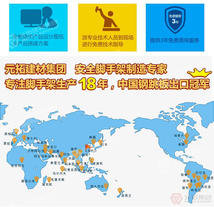 元拓建材集團(tuán)，安全腳手架制造專家！專注腳手架生產(chǎn)18年，中國(guó)鋼跳板出口冠軍！